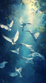Graceful white herons drifting through a glowing blue sky.