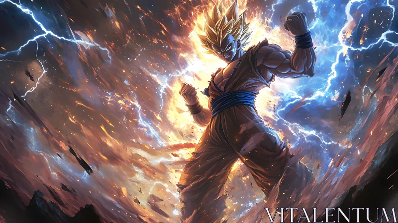 Blazing anime warrior rises amid lightning and swirling power