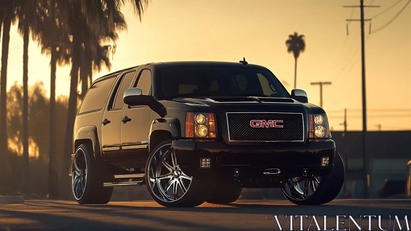 Sunlit custom GMC SUV with chrome rims at golden hour.
