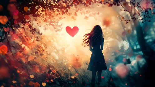 Woman Standing in Autumn Dreamscape with Red Heart.