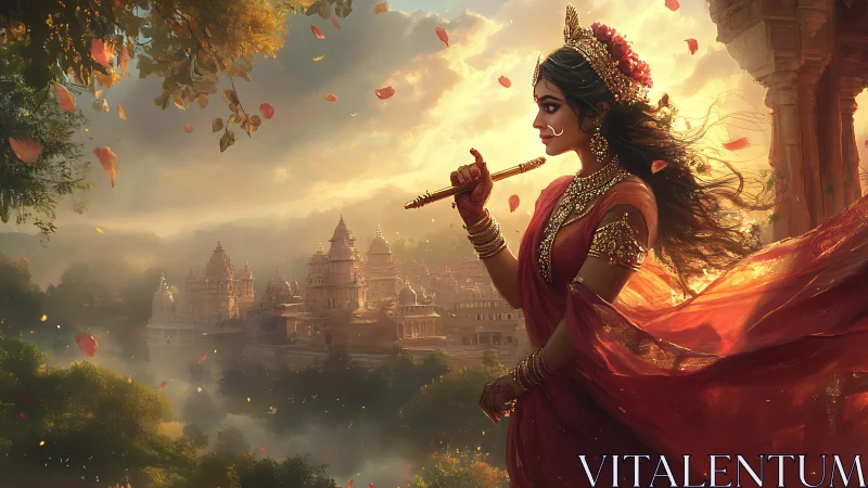 Divine woman with flute above misty Indian temple city.