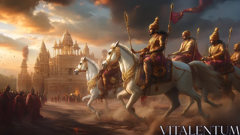 Warriors on white horses ride past ornate sandstone temple