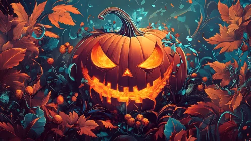 Digital painting of glowing jack-o’-lantern in lush foliage.