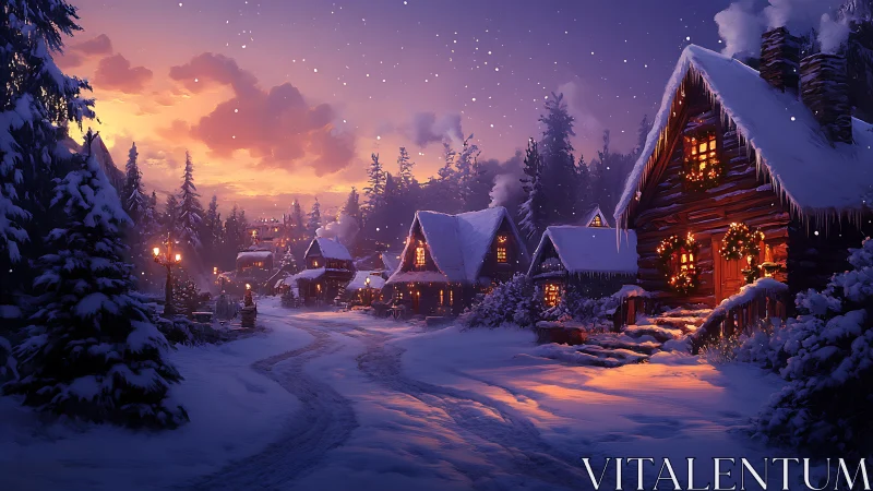 Winter village street under warm lantern glow at dusk.