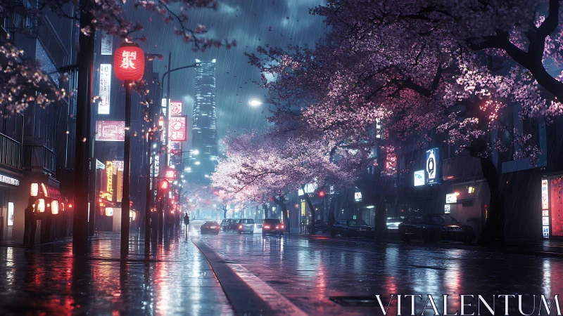 Rainy neon street under gentle cherry blossom glow.