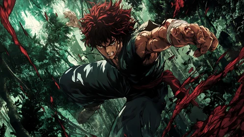 Martial artist lunges forward through shattered forest canopy.