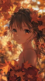 Autumn leaves encircling contemplative anime girl portrait.