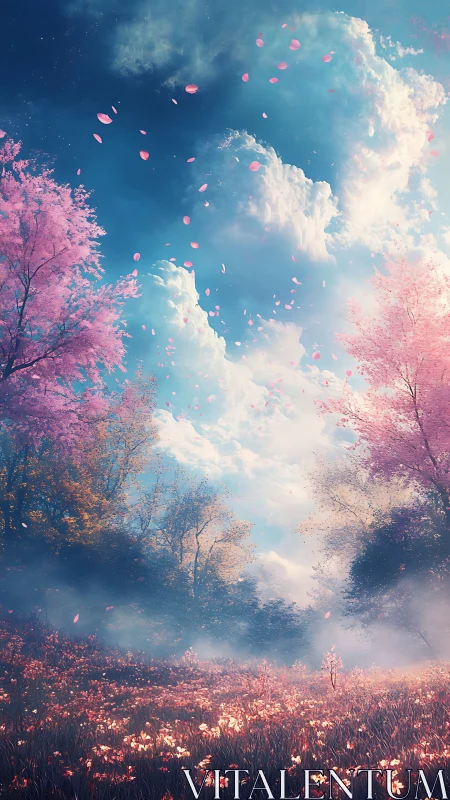 Petal-drift meadow beneath towering dream-bright clouds.