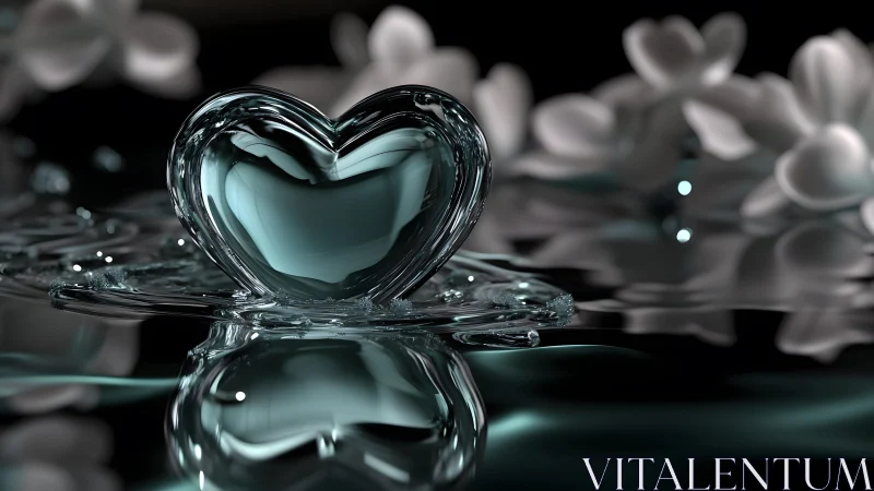 Glass Heart on Reflective Water with Soft Floral Background, Digital Art.