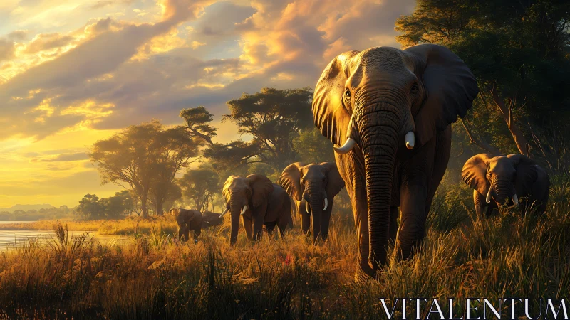 Elephant herd walks through glowing golden riverside savanna.