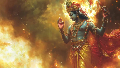 Radiant celestial dancer in flowing gold amid glowing fire.