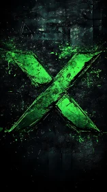 Neon green X emblem on grunge textured dark background.