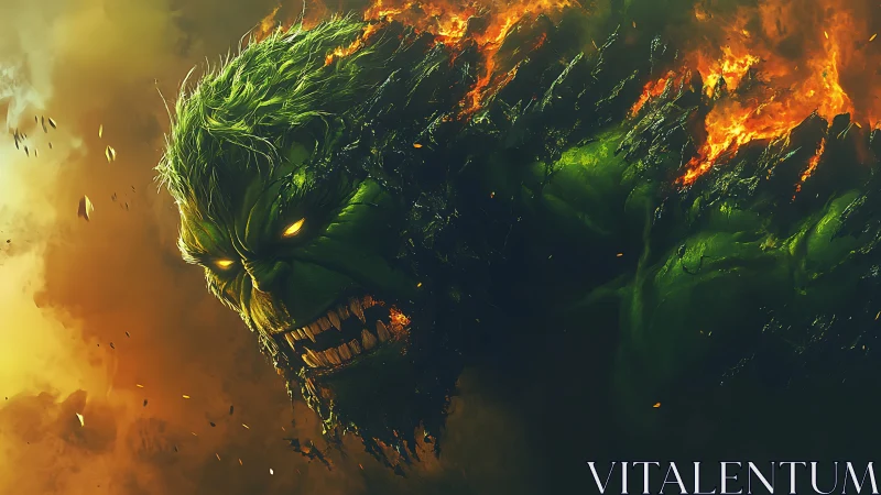 Flaming green monster head erupts through swirling smoke