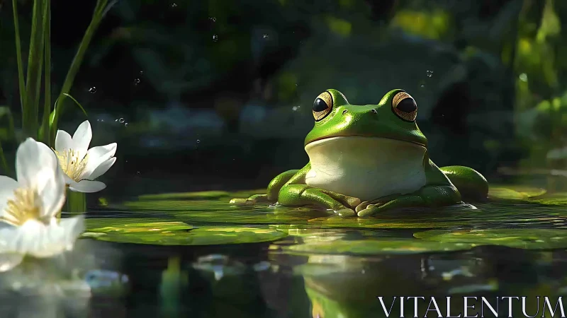 Green tree frog resting on lily pad in sunlit pond environment
