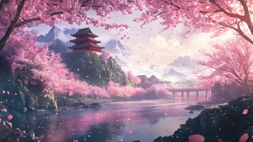 Digital painting of sakura valley river with tiered pagoda architecture.