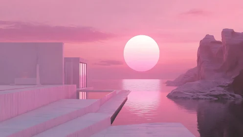 Surreal Pink Sunset Seascape with Minimalist Architecture and Rock Formations.