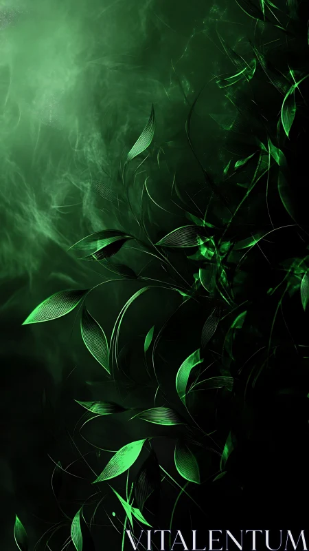 Green digital foliage elements emerge from dark background