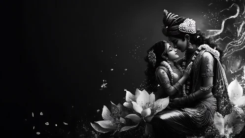 Krishna and Radha Embracing in Divine Light