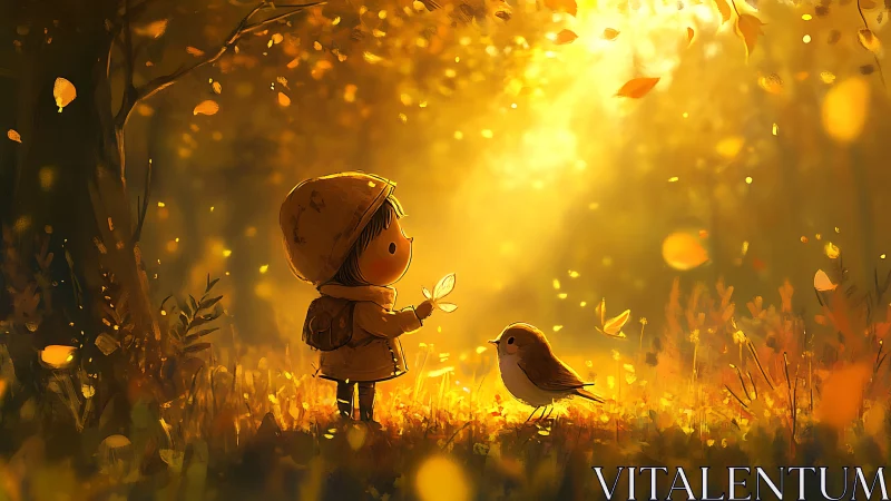 Child meets songbird under glowing autumn forest light.