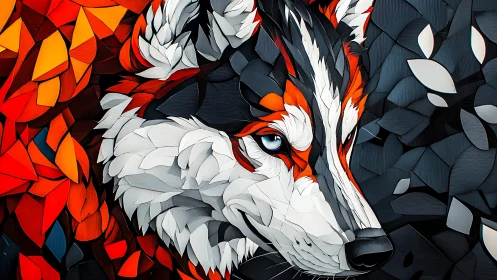 Color-splashed wolf portrait in bold geometric shards.