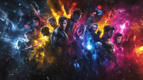 Group of costumed superheroes stands amid vivid energy clouds