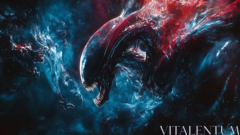 Cosmic creature surges through swirling red and blue nebula