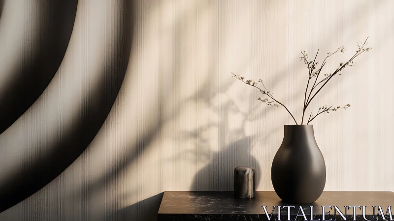 Muted interior still life with dark vase and dried stems.