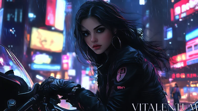 Woman on motorcycle in neon lit rainy city street at night.