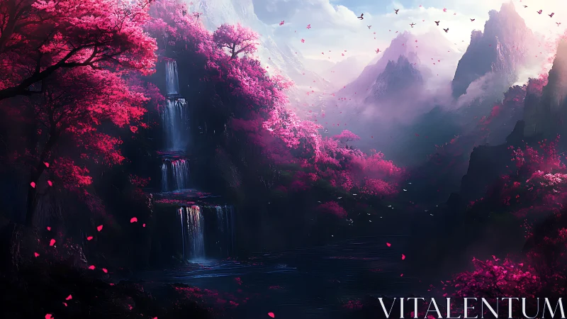 Tiered waterfall in pink forested valley under misty peaks.