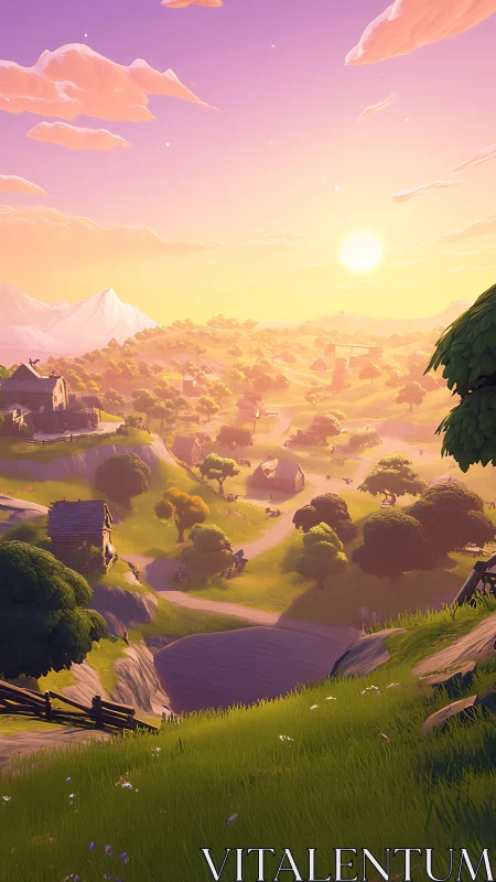 Procedural low-poly valley at dusk with volumetric lighting.