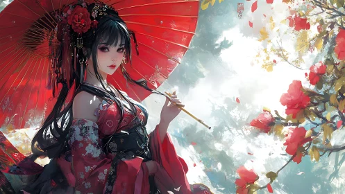 Elegant kimono maiden under crimson parasol in bloom.