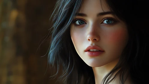 Digital portrait captures freckled woman with luminous eyes