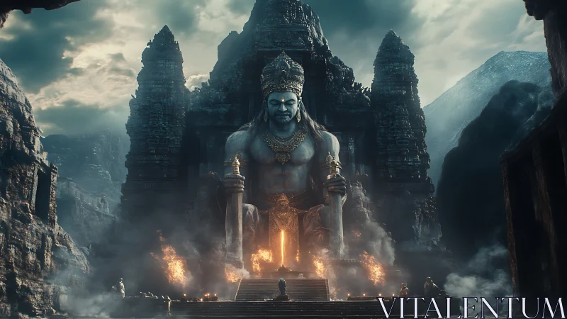 Colossal stone deity statue amid ruined mountain temple.