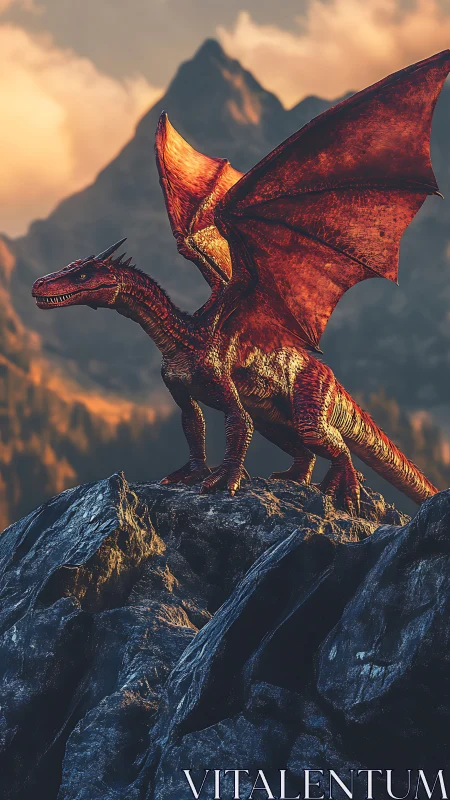 Crimson mountain dragon dominates rocky summit at dusk.