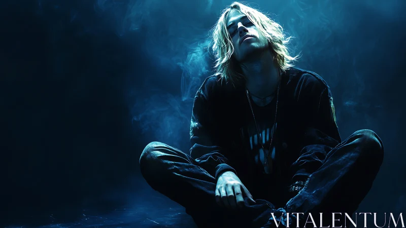 Moody blue portrait in low-key cinematic lighting setup.