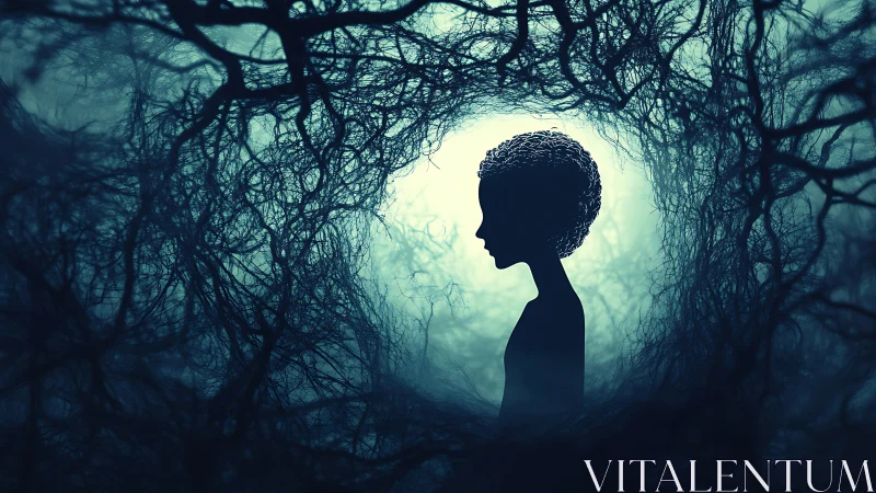 Silhouetted child mind glows inside tangled neural forest.