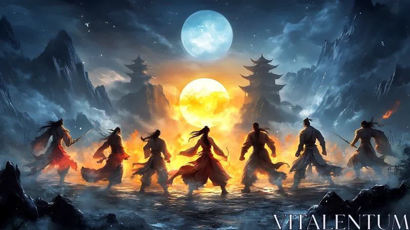 Warrior silhouettes facing twin moons over fiery temple.
