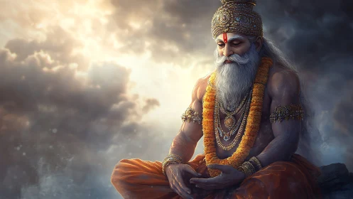 Serene sage meditates in luminous stormlit heavens