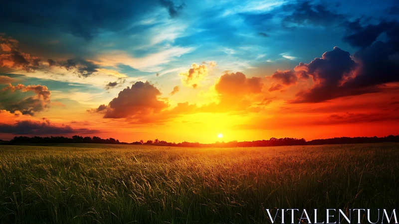Radiant sunset warms a peaceful grassy field with glowing sky