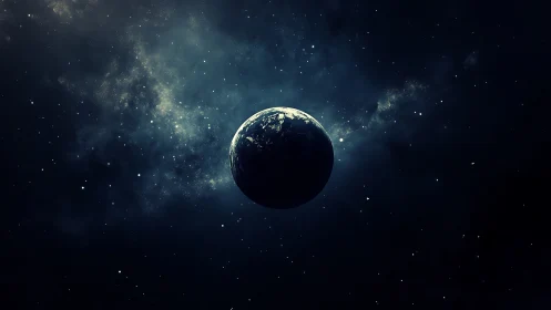 Planetary sphere in dark space with distant star field.