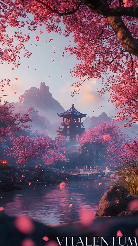 Cherry blossom valley with pagoda and reflective river at dusk.