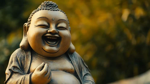 Laughing Buddha statue with shallow depth of field.