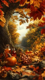 Autumn forest still life with pumpkins and glass bottles.