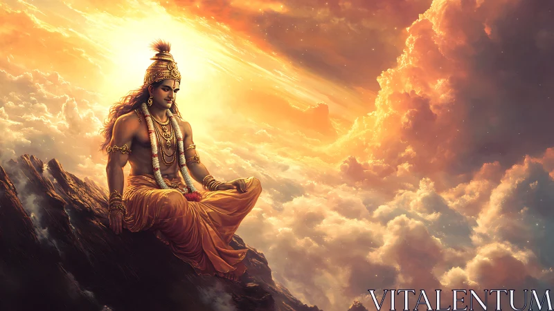 Divine warrior meditates above volumetric clouds in golden light
