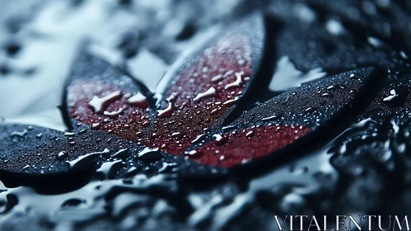 Raindrop-kissed red emblem blooms from shadowed metal.