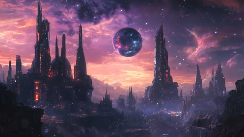 Futuristic alien cityscape rises under glowing cosmic sky