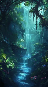 Luminous jungle waterfall cascading through enchanted ravine.