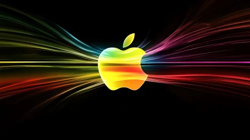 Iridescent apple-shaped emblem emits multicolor radial light trails