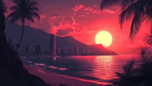 Neon sunset coastline with silhouetted towers and palms framing.