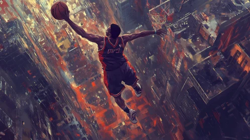 Skyline dunk over glowing cityscape in dynamic motion painting.